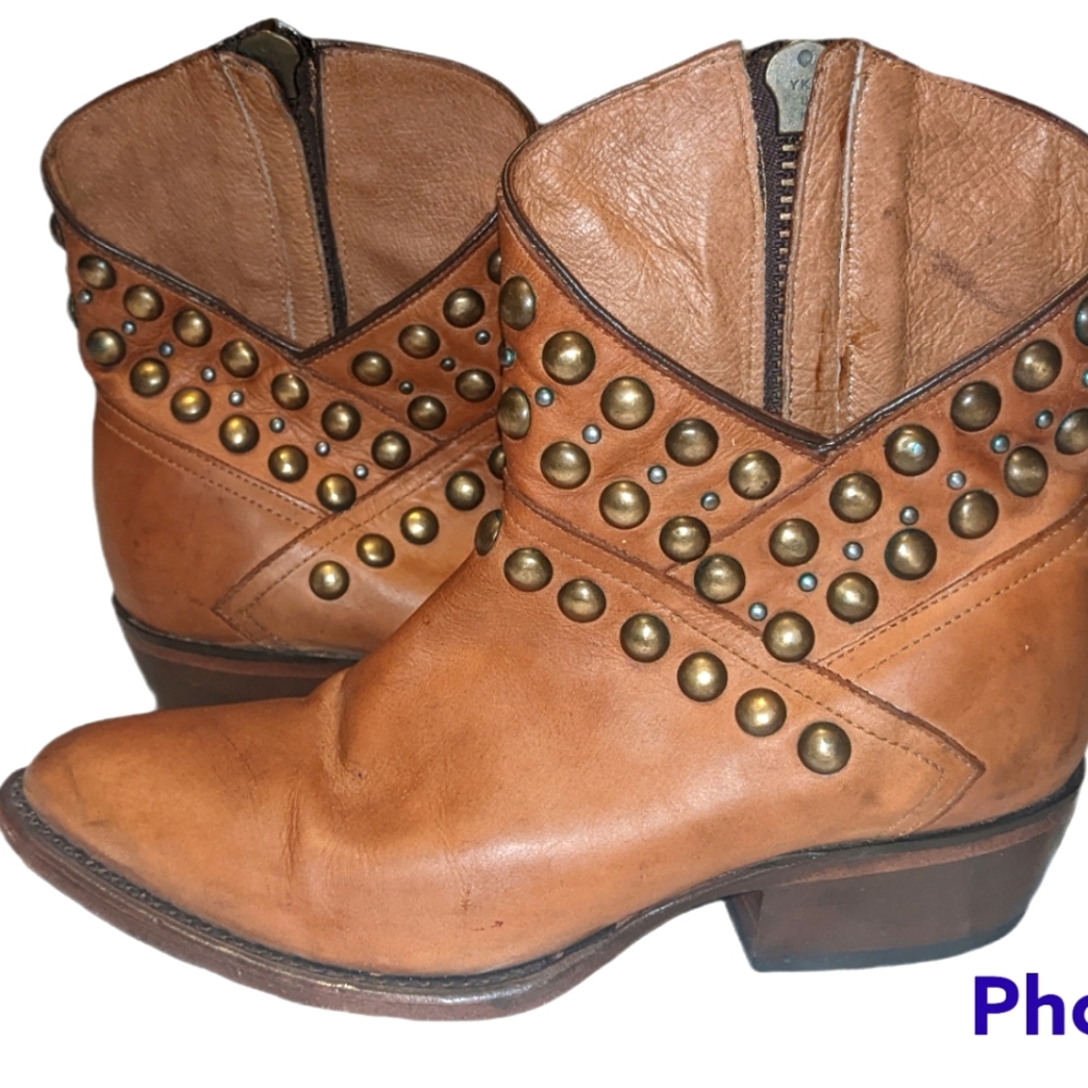 Tan Boho Vintage Coachella Festival Cowgirl Western Leather Studded Booties 6.5